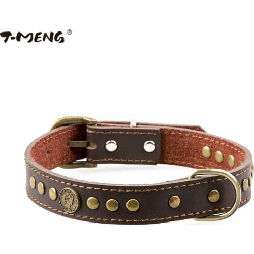 T-MENG Brand Dog Collar Genuine Leather Retro Style Mushroom Rivets Studded For Chihuahua Pet Products Dogs Accessories Supplier