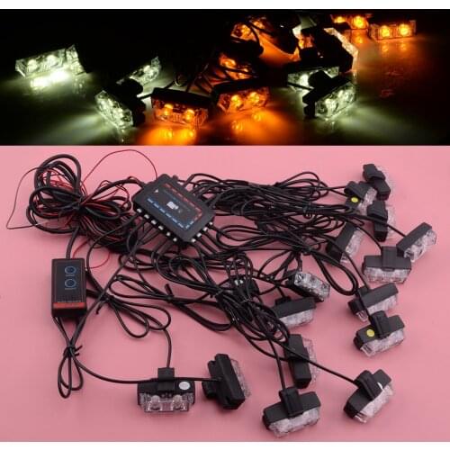 Universal Amber & White 12V 32 LED Cars Deck Dash Grill Emergency Warn Hazard Strobe Light Lamp Bar With Controller