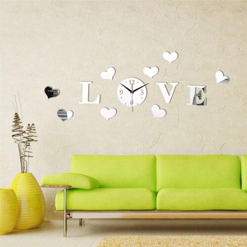 LOVE Letter Shape Mirror Clock Stereo Clock Wall Watch 3d Diy Acrylic Mirror Stickers Home Decor Living Room Quartz Needle Clock