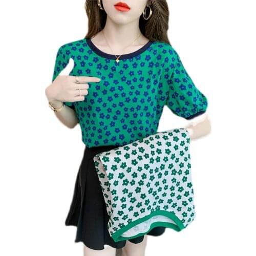 Summer new short sleeve top womens fashion retro contrast design bubble sleeve floral T-shirt