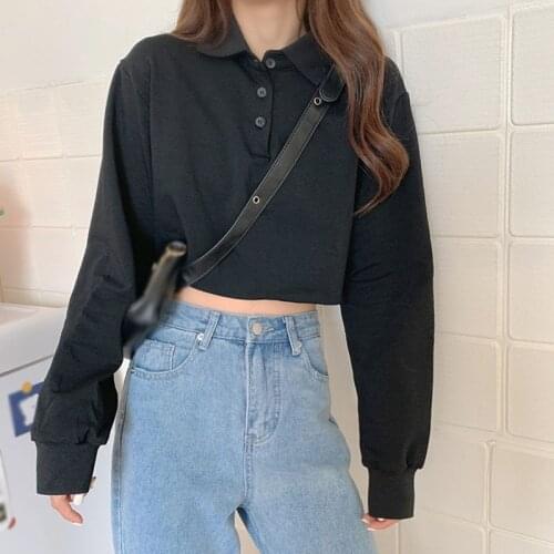 Women Sweatshirt Long Sleeve Solid Color Ladies Turn-down Collar With Button Korean Style Tops