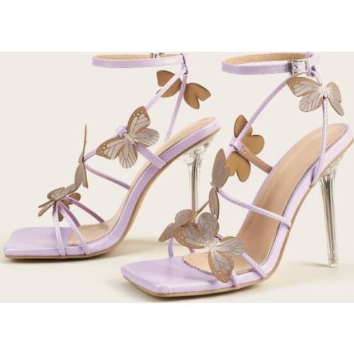Moraima Snc Butterfly Decorations High Heel Sandal Summer Open Toe Lace-up Woman Shoes Thin Heels Party Dress Shoes