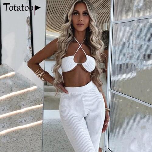 Totatoop Summer White Rib Knitted Striped Two Piece Set Sexy Backless Halter Bandage Crop Top And Long Pants Womens Set Elegant