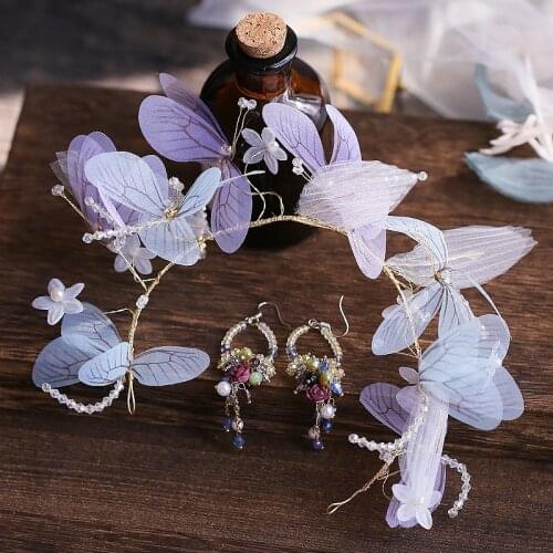 Korean Colored butterfly Flower headbands earrings set Bride hair Jewelry hairband Moriyama Headdress Wedding hair Accessories