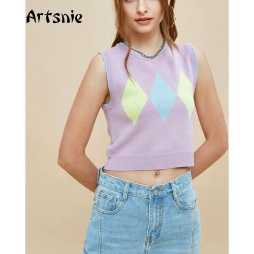 Artsnie Vintage Argyle Sweater Vest Women Autumn O Neck Sleeveless Pull Femme Streetwear Pink Casual Knitted Ladies Crop Vest