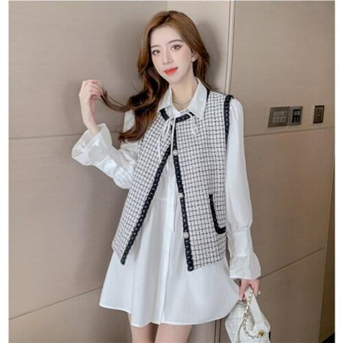 Autumn Women Temperament Small Fragrance Set Korean Retro Vest Sleeveless Coat+White Trumpet Sleeve Sweet French Lace-up Dress