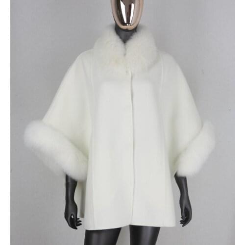 BLUENESSFAIR 2020 Cloak Cashmere Wool Blends Real Fur Coat Winter Jacket Women Natural Fox Fur Collar and Cuffs Streetwear New