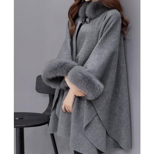 Womens Faux Fox Fur Collar Cloak Woolen Coats Casual Loose Warm Long Female Jacket Winter Fashion Woolen Blends Cashmere Ladies