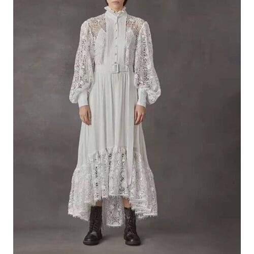 Women Maxi Lace Dress Summer Embroidery Hollow Out Lantern Sleeve High Waist Belted