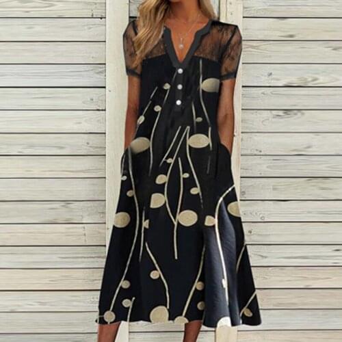 Summer Short Sleeve Embroidery Lace Dress Women Pattern Printed Vintage Party Dresses Lady Sexy V Neck Button Pockets Midi Dress