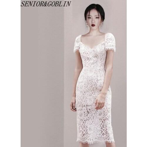 New 2019 High Quality Summer Luxury Runway Dress Women White Lace Sexy V-Neck Dresses Ladies Club Bodycon Midi Party Dress