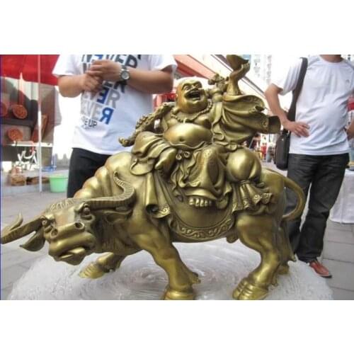 11 Chinese Folk Brass refined Money Maitreya Rohan Sit on cattle Bull ox Statue