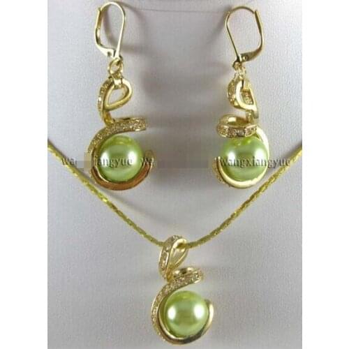12mm Apple Green South sea Shell Pearl Earrings & Necklace Pendant Set AAA
