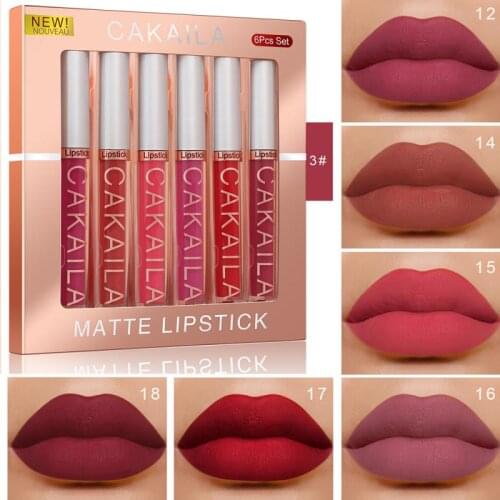 CAKAILA 6PCS Lip Glaze Velvet Matte Lipstick Waterproof Non-stick Cup Long Lasting Silky Lip Gloss Sexy Red Lip Makeup TSLM2