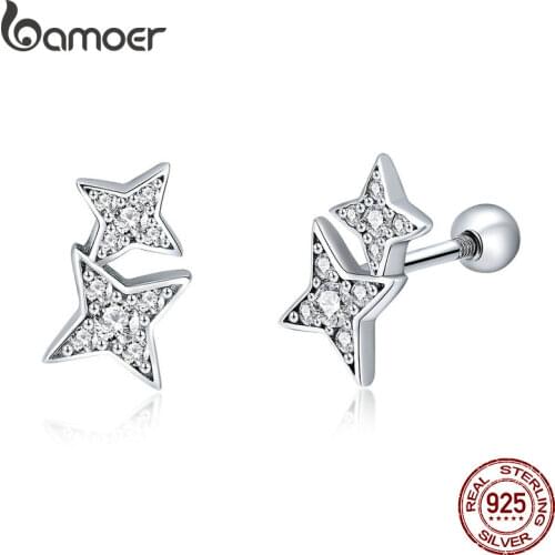 BAMOER 100% 925 Sterling Silver Sparkling Star Meteor Luminous Crystal Stud Earrings For Women Fashion Silver Jewelry SCE432