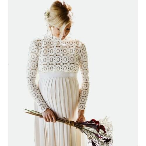 Long Sleeve Stitching White Fluttering Pleated Pregnancy Photography Dresses Maxi Maternity Gown Photo Prop For Pregnant Women