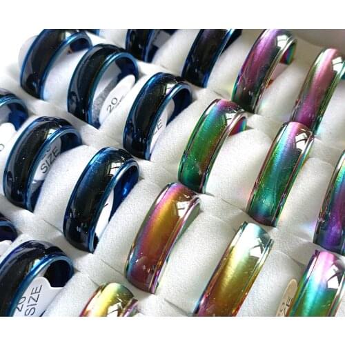 Bulk Lots 100pcs Wholesale Mix Blue Rainbow 8mm Cat Eye Stainless Steel Ring Comfort-Fit Quality Band Wedding Jewelry