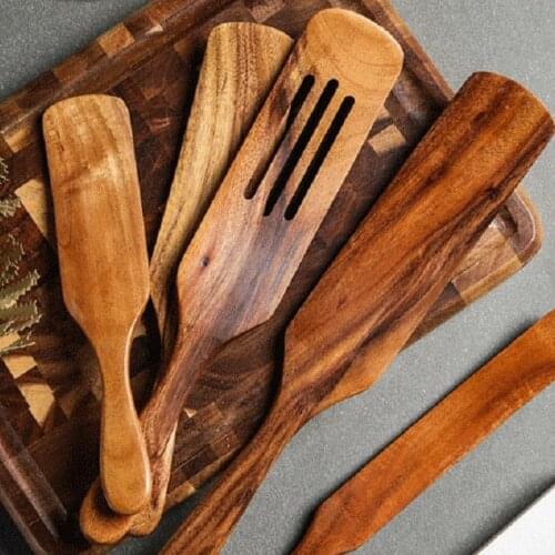 Home Teak Wood Natural Long Handle Spatula Kitchen Turner Non Stick Cooking Utensils Wooden Spatula Slotted Turner Set