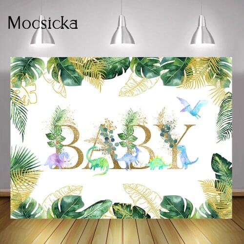 Newborn Baby Dinosaur Cake Smash Backdrop Jungle Wild Kids Birthday Party Background Decoration Baby Shower Gold Green Leaves