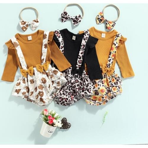 3Pcs Little Girls Outfit, Sweet Style Solid Color Long Sleeve Round Collar Tops + Floral Printing Suspender Shorts + Headwear