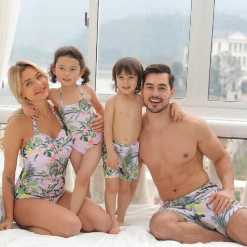Colorful Flower Family Matching Children Swimsuits 2021 Summer Beach Holiday One Piece Swim Wear Man Swimming Trunks For Boy