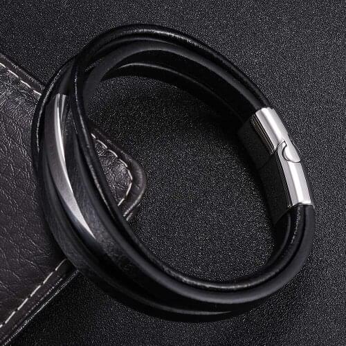 Multilayer Black Leather Bracelet Men Stainless Steel Magnetic Clasp Women Wrist Band Jewelry Bangles Gift