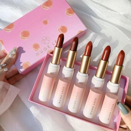 MUGE LEEN 5pcs/Pack Pink Pinch Lipstick Set Matte Moisturizing Lipstick Velvet Lasting Pink Girl Student Lip Glaze Lip Tint Kit
