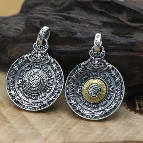 NEW 100% 925 Silver Tibetan Nine Direction Eight Symbols Amulet Real Sterling Buddhist Pendant Pure Silver Tibetan Pendant
