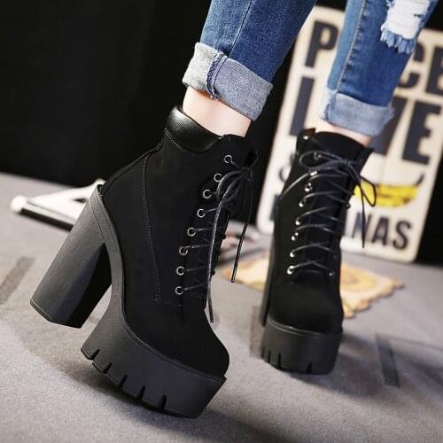 New 2020 Platform Ankle Boots Women Autumn Lace Up Thick High Heel Ladies Woman Fashion Shoes Womens Casual Footwear 358