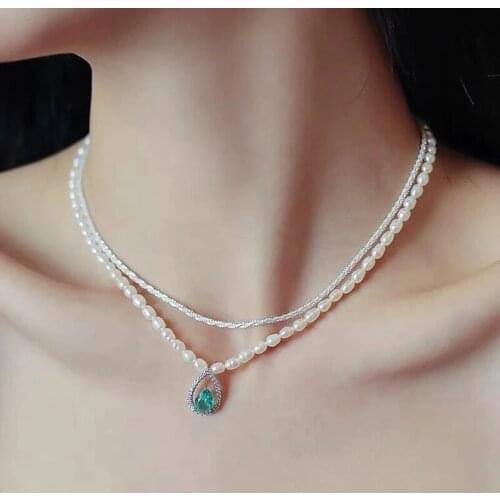 New Arrive Korean Elegant Pearl Choker Double Necklace For Women Ladies Fashion Blue Waterdrop Zircon Metal Ring Jewelry Gifts