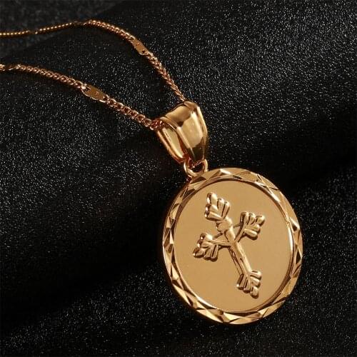 24K Gold Color Christ Crucifix Pendant Necklace Catholic Round Medal Jesus Cross Jewelry