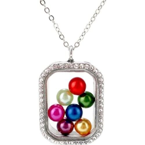 Rectangle Pendant Necklace Rhinestone Glass Locket Pearl Cage Pendant 50cm Steel Chain Necklace
