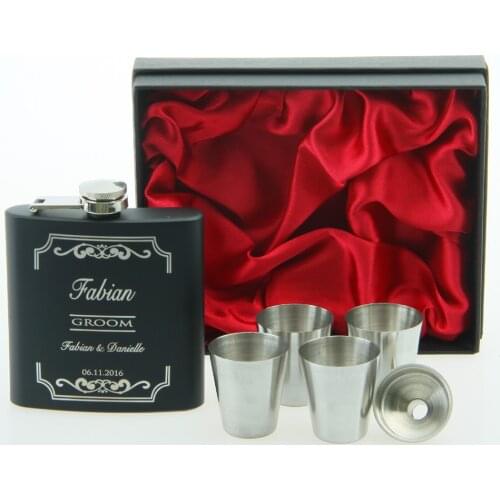 Personalized wedding gift for groom or Groomsmen gifts of 7OZ hip flask with 4 cups funnel With black gift box