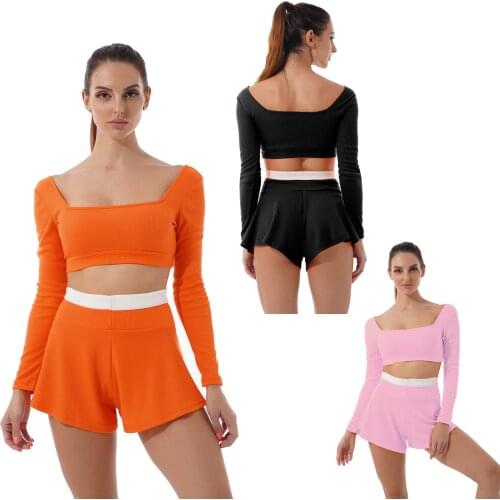 Pyjamas Set Sleepwear Women Fashion Two-Piece Sport Outfits Square Neck Long Sleeve Crop Top Contrast Color Waistband Culottes
