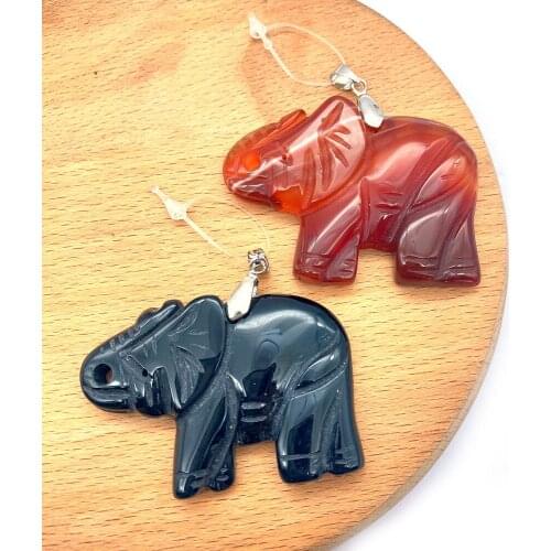 2pcs/pack Natural Semi-precious Stone Agate Elephant-shaped Pendants Black Red DIY for Making Necklace Accessions 34x51mm Size