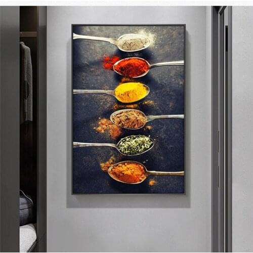 Spices in Spoons for Cooking Canvas Art Posters And Prints Kitchen Theme Canvas Paintings On the Wall Art Pictures Kitchen Decor