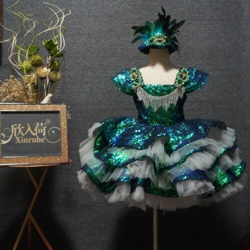 Real Picture Peacock Green Bling Bling Sequin Girls Birthday Party Dresses Children Girls Celebration Tutu Luxury Gowns