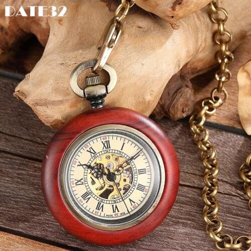 Luxury Wooden Mechanical Pocket Watch for Men Natural Red Sandalwood Wood Case Gold Back Engraved Fob Chain Clock Dropshipping