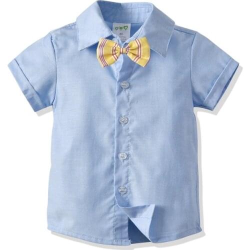 Bowtie Shirt Toddler Kids Boys Clothes Summer Short Sleeve Solid Color Lapel Buttons Turn Down Collar Shirts Tops