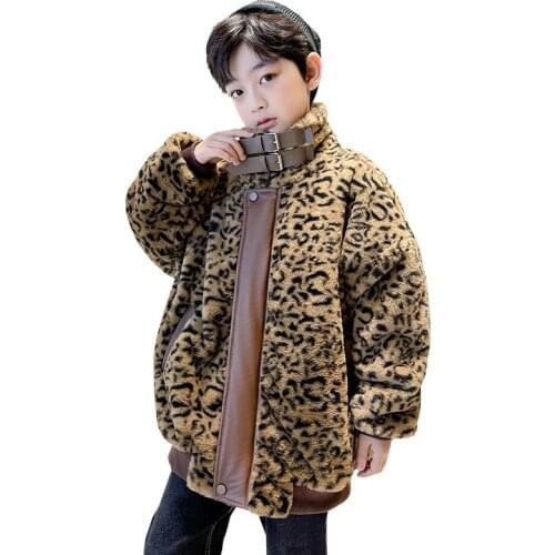 Boys Stand Collar Leopard Print Loose Fit Casual Fashion Thick Fur Inside Warm Keeping Winter Coats Motorcycle Coats
