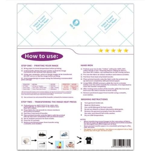 MR.R A4 Laser Compatible Printable Iron-On Heat Transfer Paper for light Dark T-shirt,8.5''x11'' pack of 20 sheets