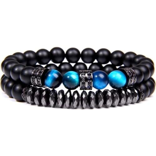 Vinswet 2pcs Bead Bracelet Men Natural Tiger Eye Hematite Obsidian Beaded Bracelets Homme Energy Stretch Bracelet Men Jewelry