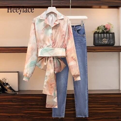 Plus Size Women Autumn Clothing 4XL Streetwear Long Sleeve Tie Die Print Bandage Blouse And Denim Long Pants Two Pieces Sets