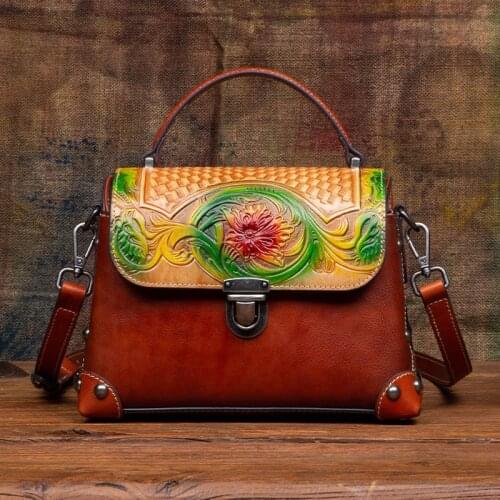 Floral Genuine Leather Handbag 2021 New Retro Painted Carving Craft Women Tote Bag Nature Cowhide Casual Shoulder Crossbody Bags