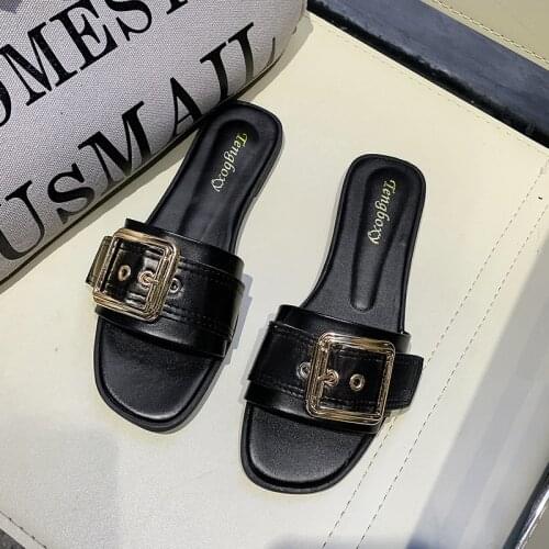 2021 Big Size Summer Woman Slippers with Square Buckle Women Flip Flop Flat Sandals Fashionable Casual Student Shoes for Women