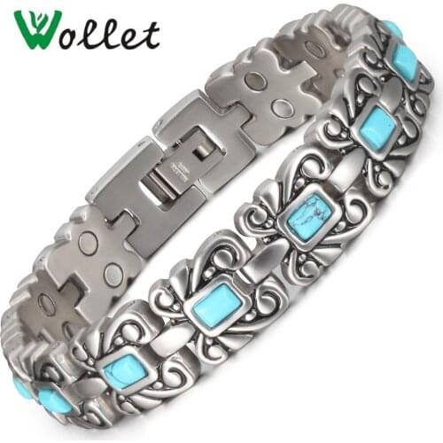 Wollet Jewelry Turkish Stone Stainless Steel Magnetic Bracelet Bangle for Women Ladies Vintage Silver Color Two Row Magnet