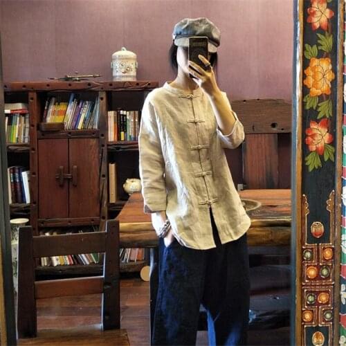 Womens New Tang Suit Chinese National Style Thin Flax Long Sleeve Soft Solid Color Cardigan Tops Fashion Casual Clothing 2021