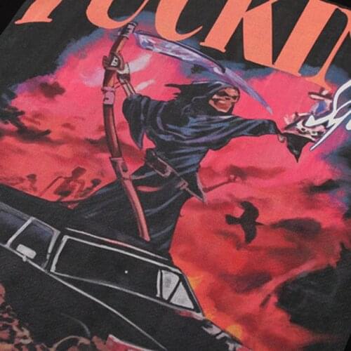 European and American park retro Harajuku black death print hooded sweater street warm female loose hedging top women Y2K