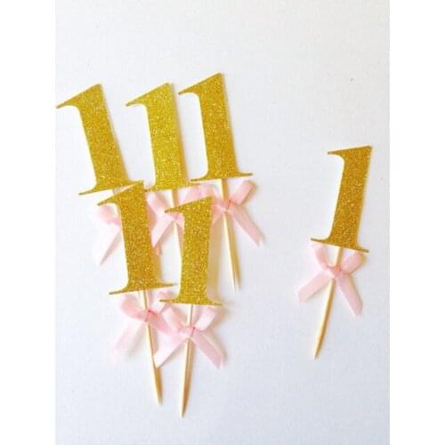 Gold glitter & pink number cupcake toppers personalized number baby bridal shower birthdayocearn wedding cake topper decor