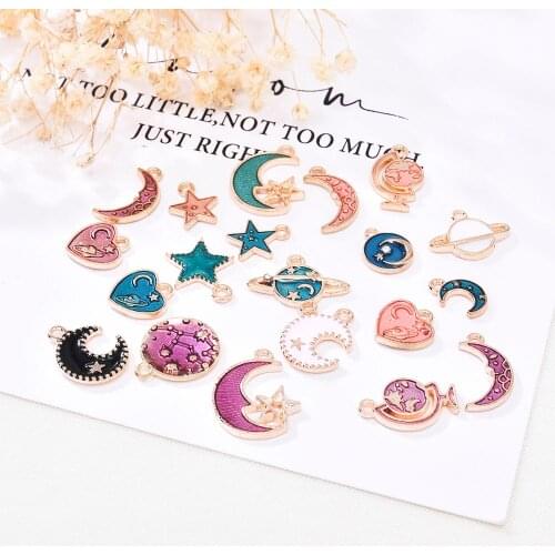 20pcs Popular Cute Enamel Plated Mixed Moon Love Planet Handmade Pendant Small Jewelry Multi-style DIY Accessories